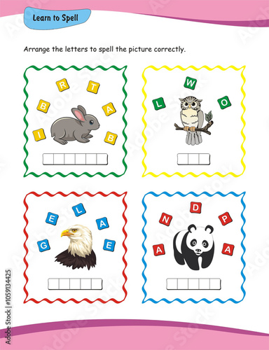 Learn to spell. Young learners in nursery and kindergarten will find this worksheet helpful for practicing their spelling of words such as 'rabbit,' 'owl,' 'eagle,' and 'panda.'