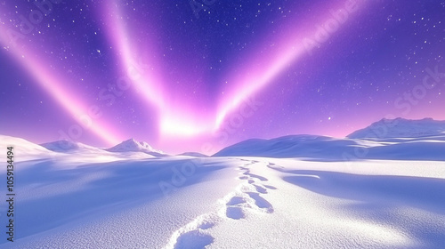 Northern Lights illuminate a vast, rugged landscape under a starry sky, symbolizing the beauty, wonder, and mystery of nature. The lights reflect human awe in the face of cosmic beauty