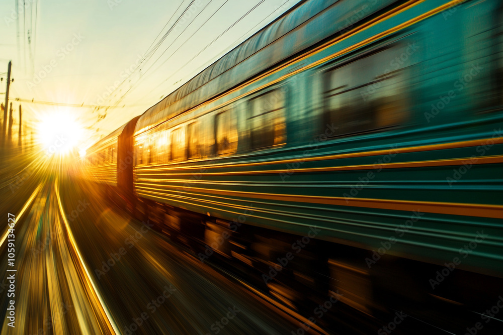 A green and blue train is moving rapidly on the railway, with a motion blur effect. A green and blue train is moving rapidly on the railway, with a motion blur effect.