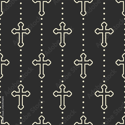 White christian outline crosses on black dotted background. Vector seamless pattern.