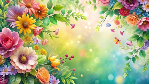 Whimsical floral design featuring a mix of colorful flowers and leaves, set against a soft and dreamy background, nature-inspired, colorful flowers, floral arrangement, ethereal flowers