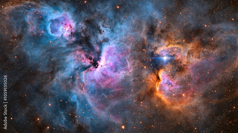 Fototapeta premium An artistic interpretation of a cosmic nebula, showcasing swirling clouds of gas and dust in brilliant hues of blue, pink, and purple, with stars forming within.