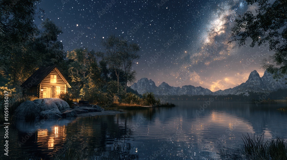 Fototapeta premium An artistic interpretation of a starry night in a tranquil landscape, featuring a calm lake reflecting the stars above and a cozy cabin illuminated by warm light.