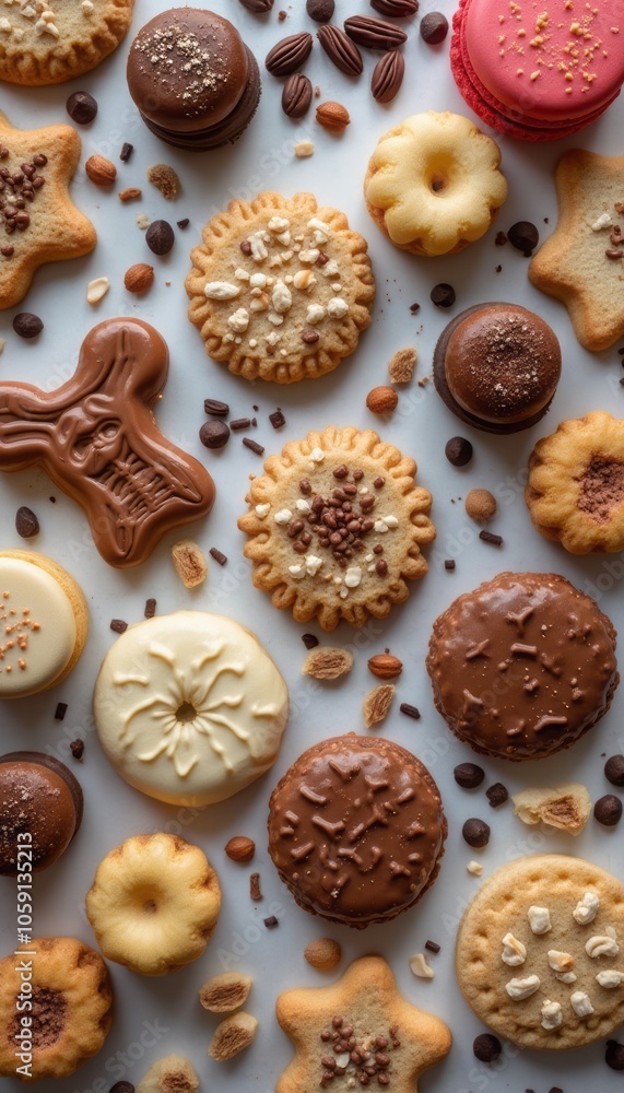 An overhead view of assorted cookies arranged neatly on a tray, showcasing different flavors and textures. The variety highlights the appeal of baked goods and treats. An overhead view of assorted cookies arranged neatly on a tray, showcasing different flavors and textures. The variety highlights the appeal of baked goods and treats.
