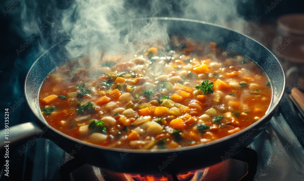 Steaming vegetable soup in a pan. Steaming vegetable soup in a pan.