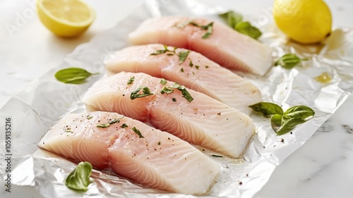 Marinated fish fillets with lemon and herbs, prepared on a sheet of foil for cooking