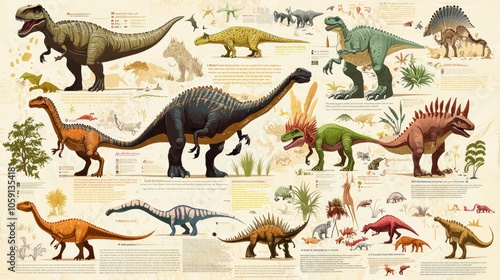 An educational infographic displaying different types of dinosaurs, their sizes, and habitats, with fun facts and illustrations appealing to children and dinosaur enthusiasts.