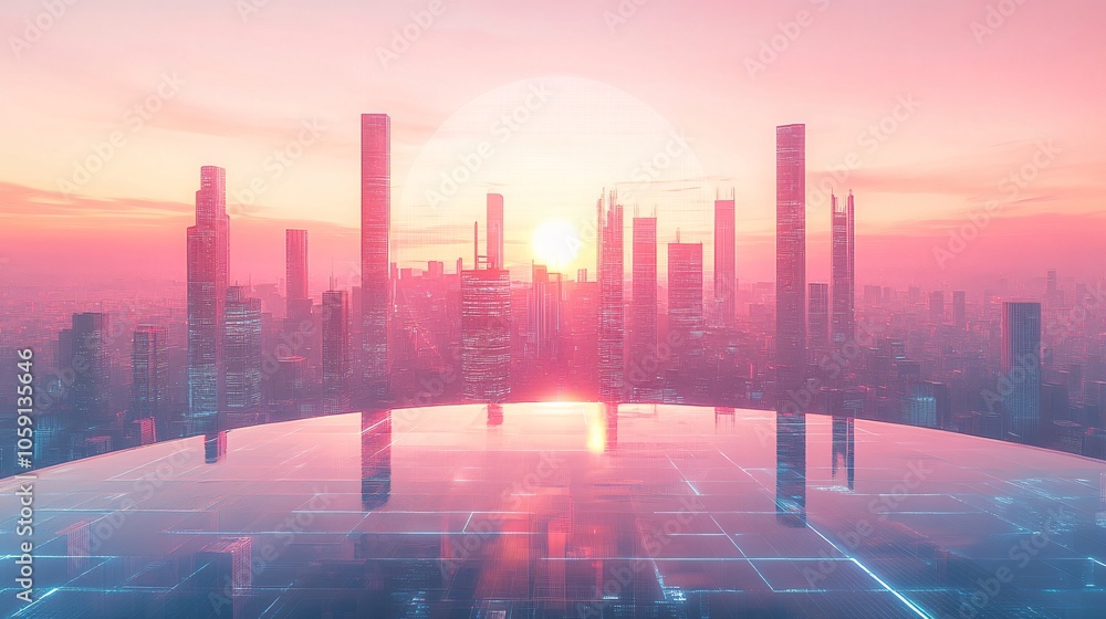 Urban Skyline with Parking Lot and Pavement, Ideal Background for Automotive Advertising Urban Skyline with Parking Lot and Pavement, Ideal Background for Automotive Advertising