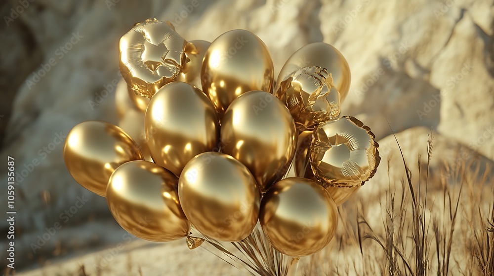 A cluster of shiny golden balloons against a natural backdrop. A cluster of shiny golden balloons against a natural backdrop.