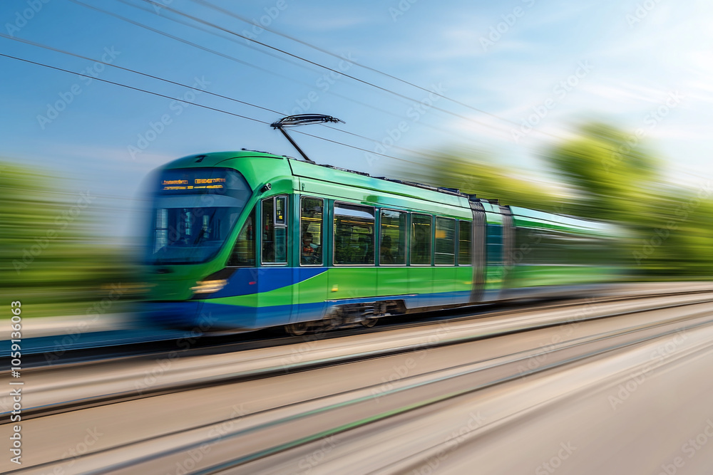 A green and blue train is moving rapidly on the railway, with a motion blur effect. A green and blue train is moving rapidly on the railway, with a motion blur effect.