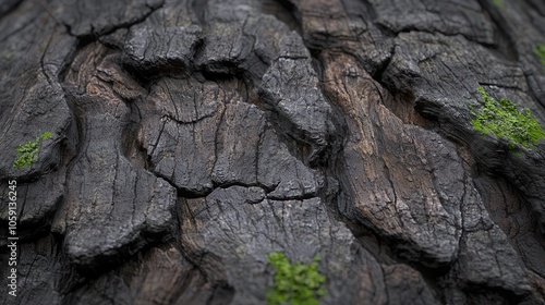 Close-up of an oak tree bark showcasing intricate textures and vibrant green moss.