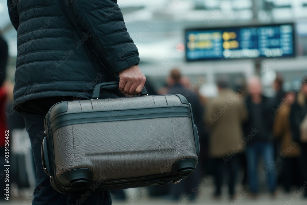 Fototapeta premium Man holding suitcase in airport terminal, blurred background, travel concept