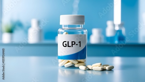 A medicine bottle labeled glp-1 placed against a blue laboratory background, medical research, pharmaceutical development, healthcare concept