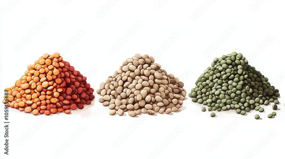 Three vibrant piles of lentils: red, beige, and green, showcasing diverse colors and textures. Three vibrant piles of lentils: red, beige, and green, showcasing diverse colors and textures.