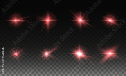 Light RED star. Light sunny sparkle. Red light flash white. Vector illustrator. lighting effects. Beam a spotlight and a star with bokeh and dust. Glowing abstract isolated lenses light effects.