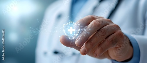 Closeup of a finger activating a glowing medical shield icon representing secure and innovative healthcare services hospital treatment and digital technology solutions for wellness and safety