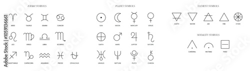astrological symbols; zodiac, planet, element, modality symbols; minimalist vector illustrations, aries, taurus, gemini, cancer, leo, virgo, libra, scorpio, sagittarius, capricorn, aquarius, pisces