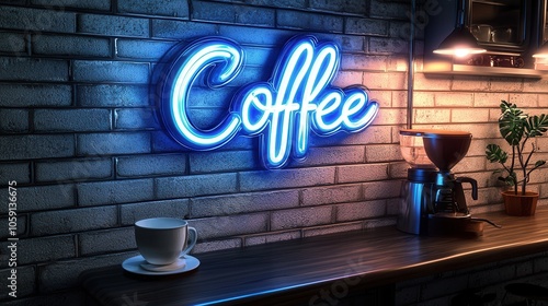 A vibrant blue neon 'Coffee' sign glows against a brick wall, illuminating a warm coffee station with a brewing machine.