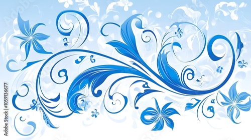 Blue Floral Swirls Design Blank Background with Copy Space for Design Projects