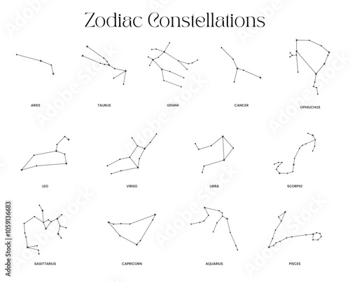 13 zodiac constellations, minimalist vector illustrations, aries, taurus, gemini, cancer, leo, virgo, libra, scorpio, sagittarius, capricorn, aquarius, pisces, ophiuchus