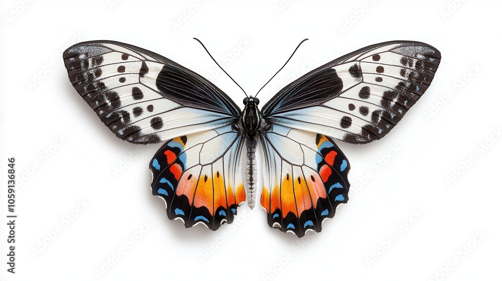 Obraz premium A stunning butterfly with vibrant black, white, and orange patterns displayed symmetrically against a white background.