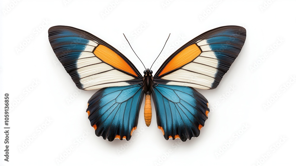 Obraz premium A stunning blue butterfly with orange accents, showcasing intricate wing patterns against a bright white background.