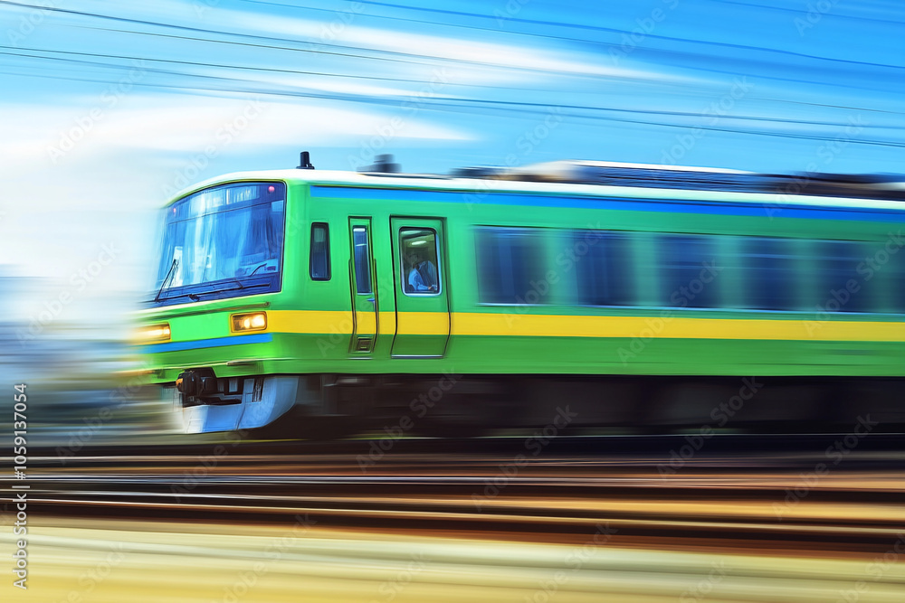 A green and blue train is moving rapidly on the railway, with a motion blur effect. A green and blue train is moving rapidly on the railway, with a motion blur effect.