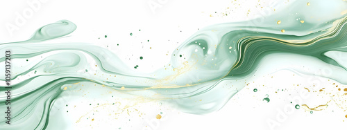 Abstract marbled ink liquid fluid watercolor painting texture banner illustration - Soft mint green petals, blossom flower flowers swirls gold painted lines, isolated on white background