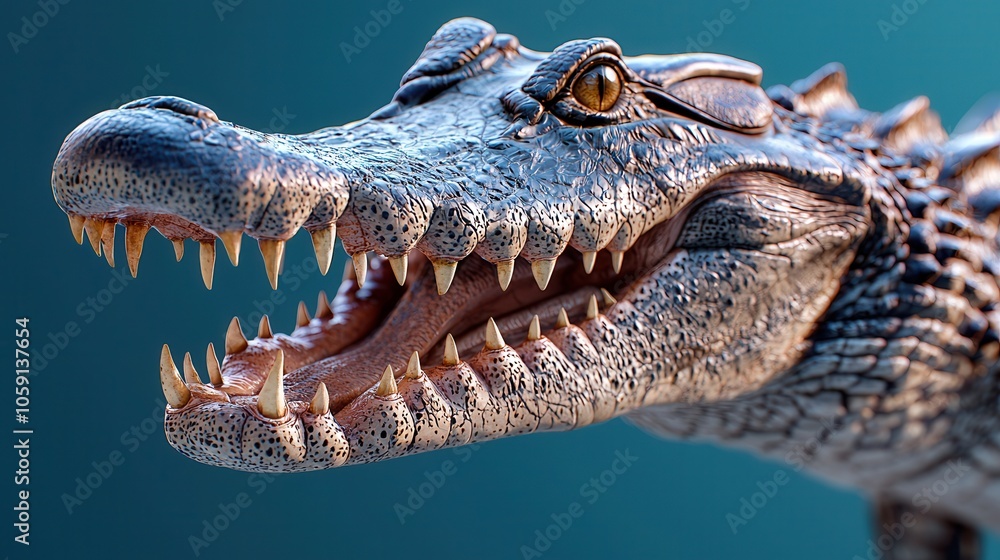 Obraz premium Close-up of a realistic crocodile head showcasing sharp teeth and textured skin against a blue background.