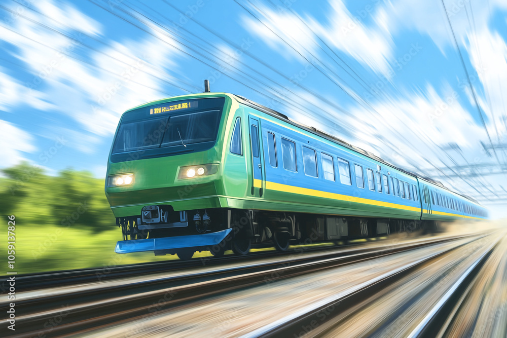 Naklejka premium A green and blue train is moving rapidly on the railway, with a motion blur effect.