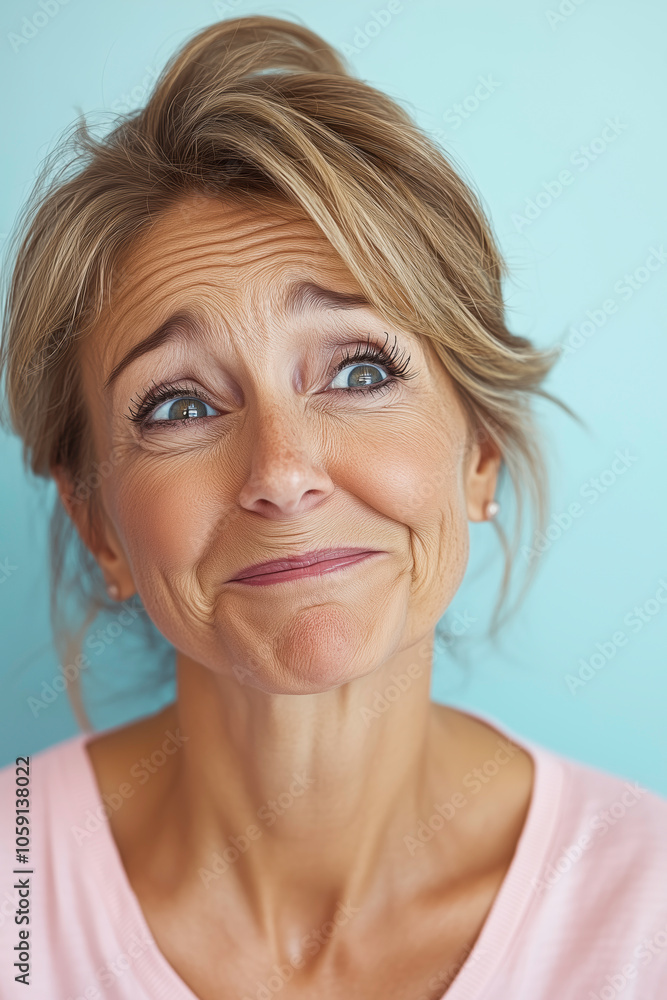 Naklejka premium A woman with a messy bun and a worried gesture