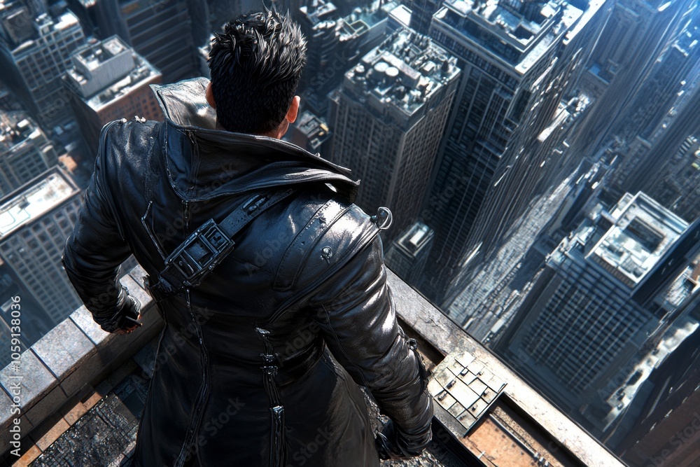 Person in a long, dark coat looking over a city from a rooftop, with intense shadows capturing the calculated nature of an assassin’s perspective, symbolizing anticipation and strategy Person in a long, dark coat looking over a city from a rooftop, with intense shadows capturing the calculated nature of an assassin’s perspective, symbolizing anticipation and strategy