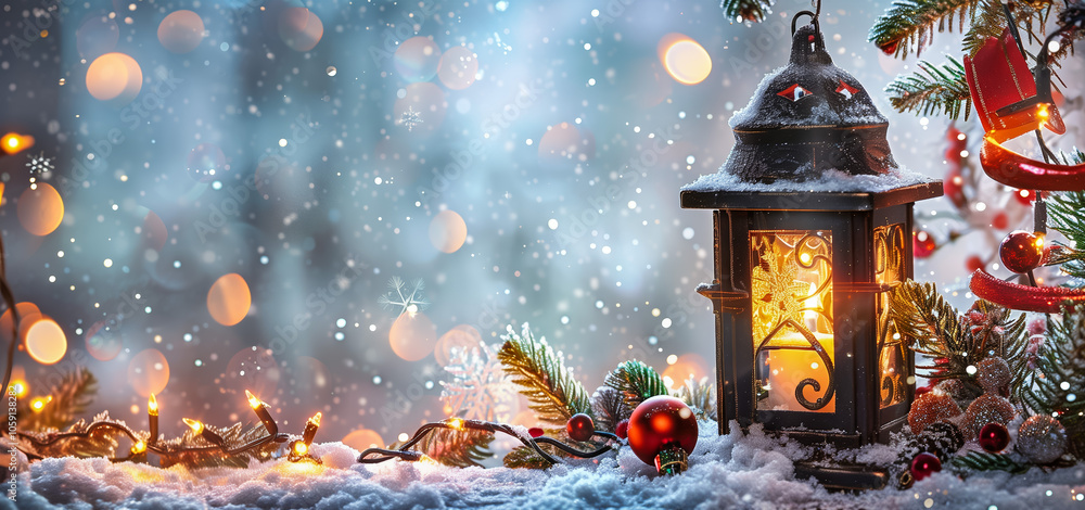 Snow-covered lantern with christmas lights and ornaments in winter scene Snow-covered lantern with christmas lights and ornaments in winter scene