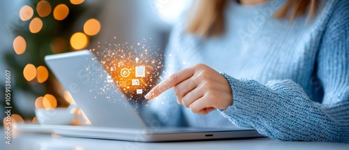 Close up of a woman s fingertip activating a holographic business interface with glowing icons for analytics finance and management displayed in a modern digital and futuristic design photo