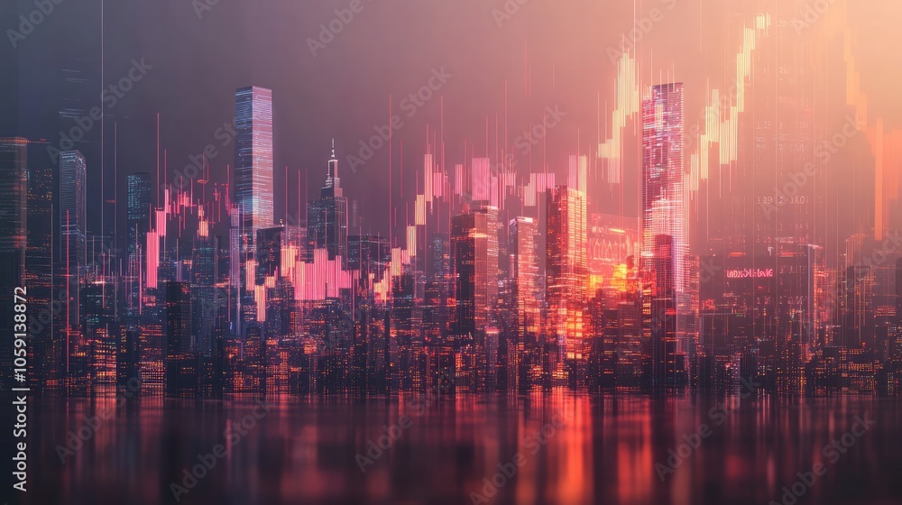 Obraz premium City skyline with stock charts overlay, showing economic growth and urban development, modern and dynamic.
