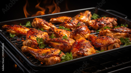 Baked chicken wings with herbs and glaze on grill tray