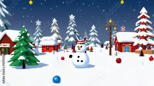 Seamless looping cartoon-style animation of a Christmas celebration featuring a snowman in a village.