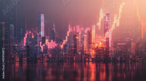 Wallpaper Mural City skyline with stock charts overlay, showing economic growth and urban development, modern and dynamic. Torontodigital.ca