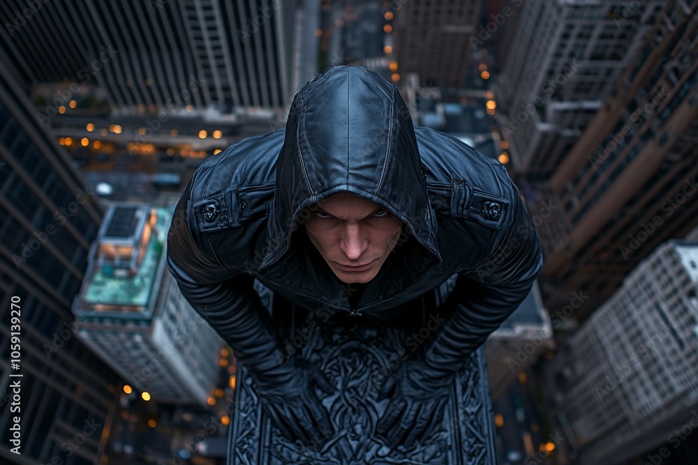 Shadowy figure in a hooded cloak crouched on a building ledge, looking down with an intense focus, capturing the anticipation and readiness of an assassin’s perspective, symbolizing patience Shadowy figure in a hooded cloak crouched on a building ledge, looking down with an intense focus, capturing the anticipation and readiness of an assassin’s perspective, symbolizing patience