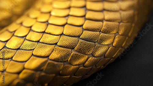 Close-up of vibrant golden snake scales, showcasing intricate textures and patterns. photo