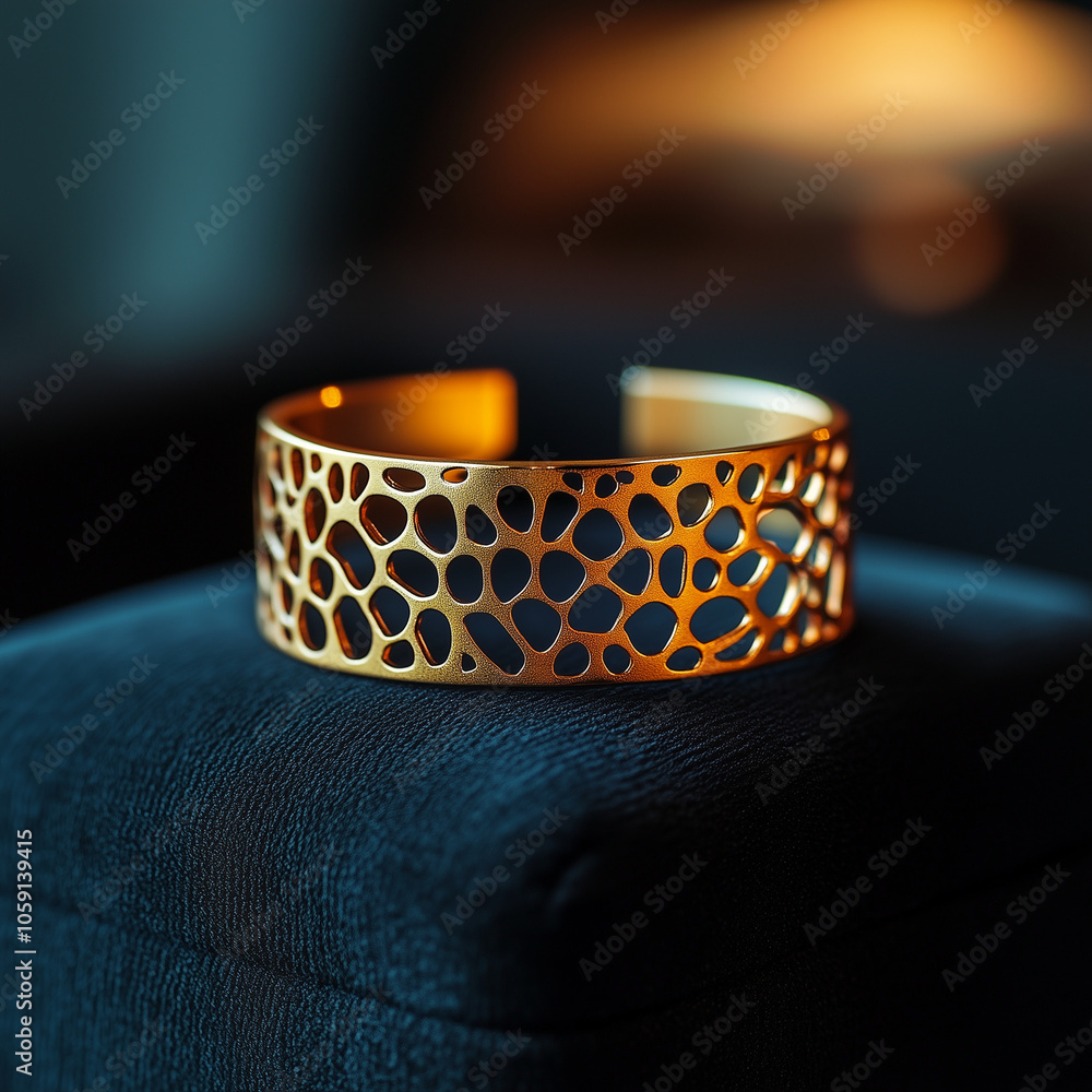 Gold cuff bracelet with openwork design on dark cushion Gold cuff bracelet with openwork design on dark cushion