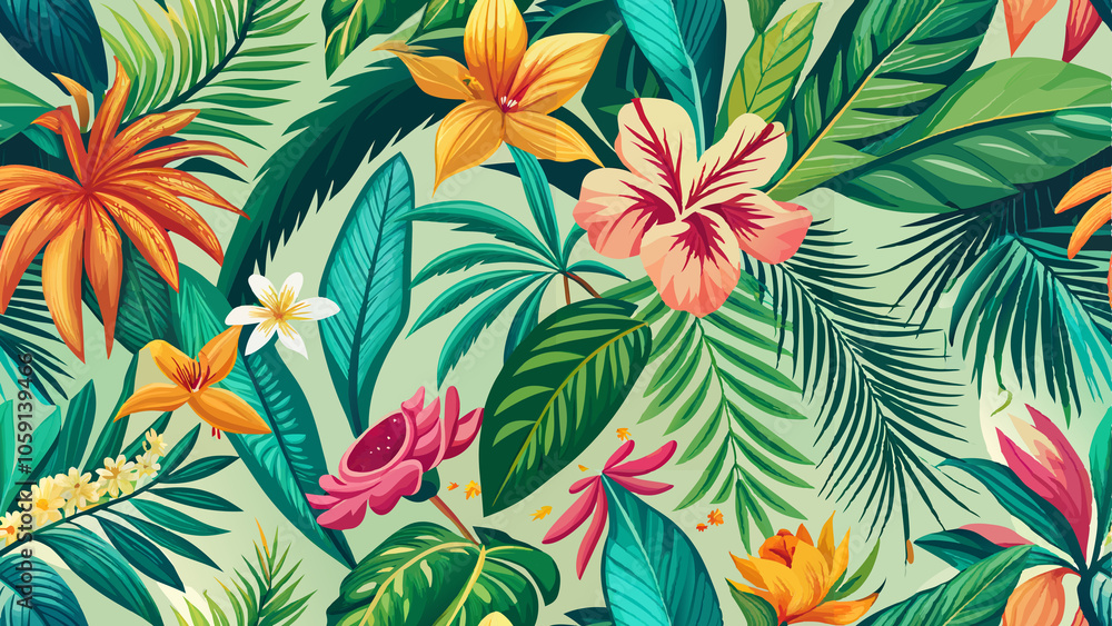 Tropical Floral Pattern with Lush Greenery and Vibrant Flowers Tropical Floral Pattern with Lush Greenery and Vibrant Flowers