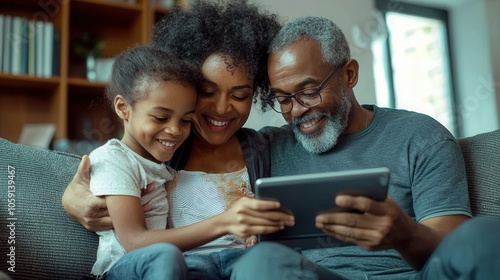 A joyful African American family enjoying quality time together while using a tablet at home.