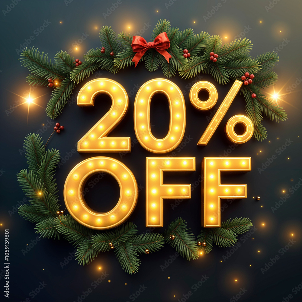 3d 20% off golden banner. Christmas sale. Inscription. Discount. Winter sale. New Year sale 3d 20% off golden banner. Christmas sale. Inscription. Discount. Winter sale. New Year sale