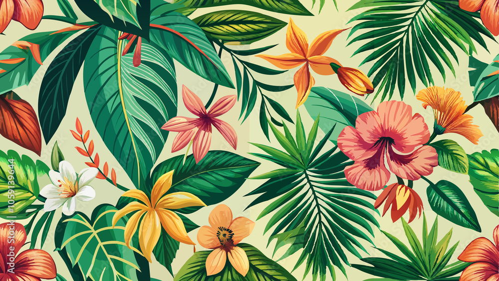 Tropical Floral Pattern with Lush Greenery and Vibrant Flowers Tropical Floral Pattern with Lush Greenery and Vibrant Flowers