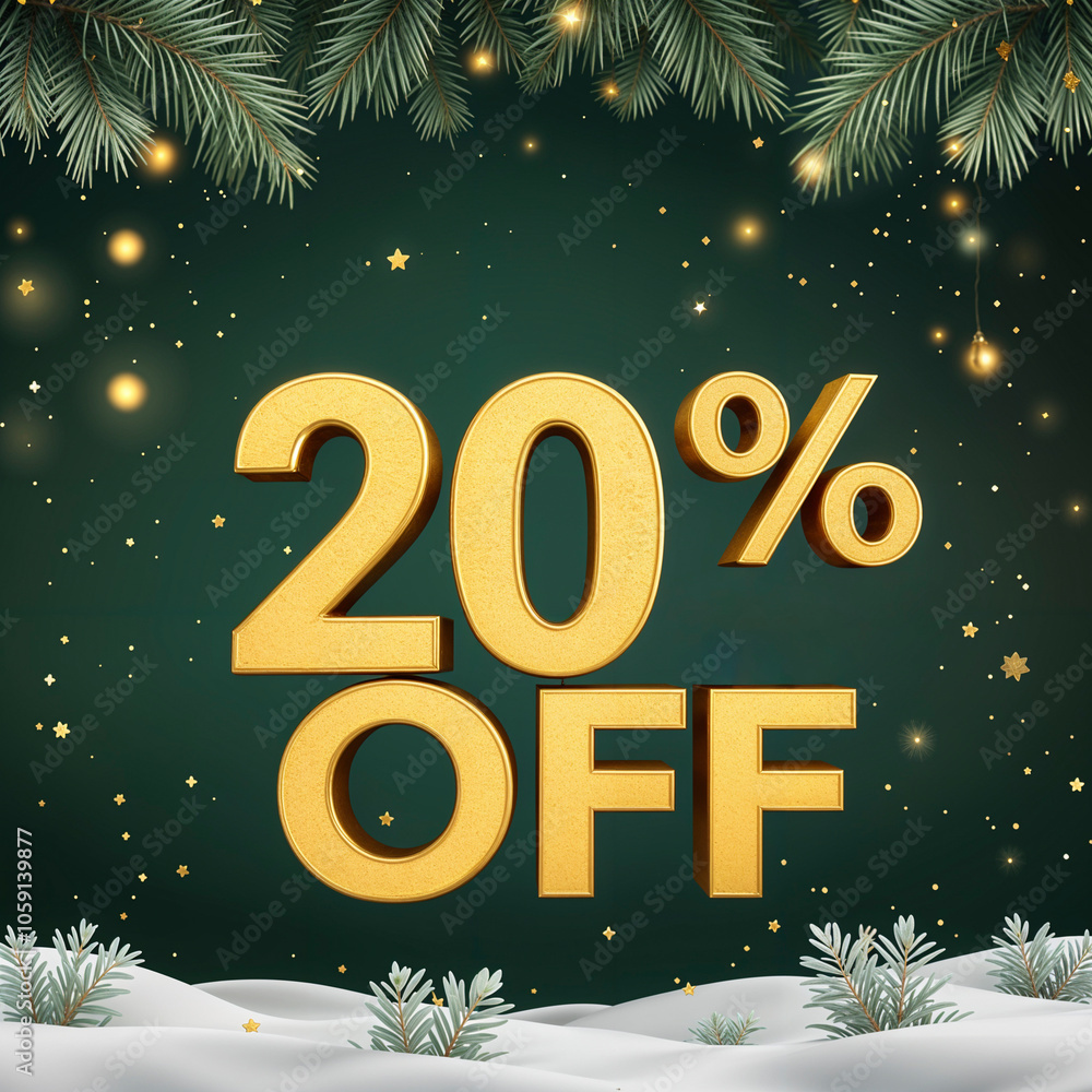 3d 20% off golden banner. Christmas sale. Inscription. Discount. Winter sale. New Year sale 3d 20% off golden banner. Christmas sale. Inscription. Discount. Winter sale. New Year sale