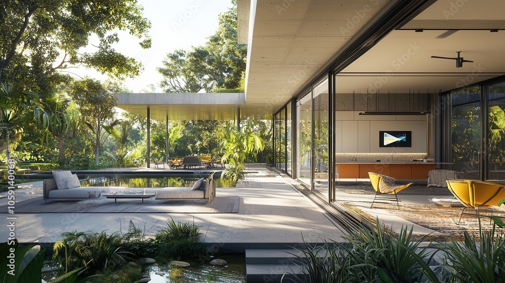 A stunning modern home seamlessly integrates indoor and outdoor living, surrounded by lush greenery and natural light. A stunning modern home seamlessly integrates indoor and outdoor living, surrounded by lush greenery and natural light.