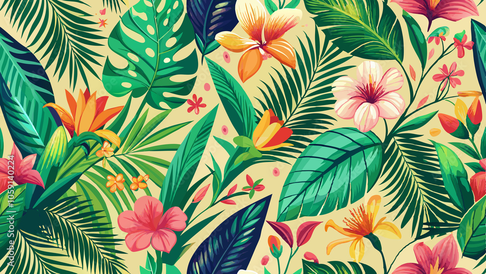 Tropical Floral Pattern with Lush Greenery and Vibrant Flowers Tropical Floral Pattern with Lush Greenery and Vibrant Flowers
