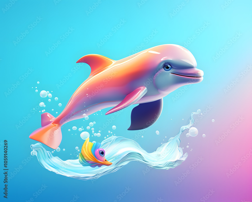 Playful dolphin and colorful fish swimming joyfully through a vibrant underwater world in a cartoonish style illustration Playful dolphin and colorful fish swimming joyfully through a vibrant underwater world in a cartoonish style illustration