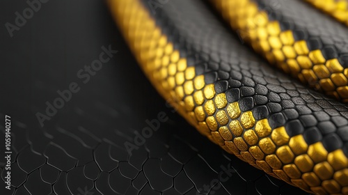 Close-up of a visually striking black and gold snake skin highlighting its intricate texture and vibrant colors. photo